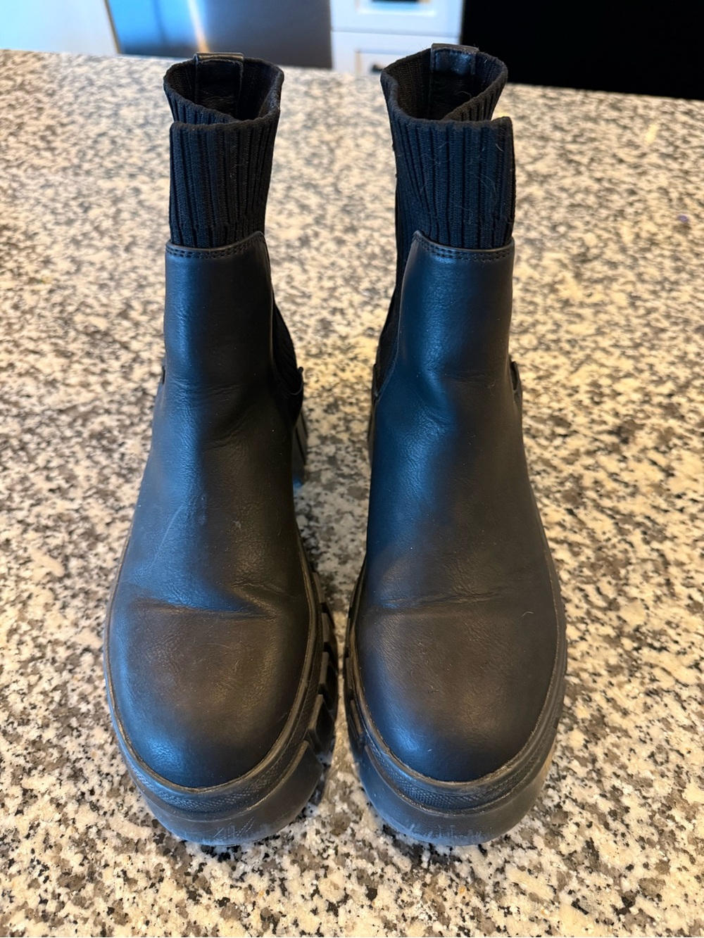Women’s  Black Chelsea Lug Sole Boots with Knit Ankle